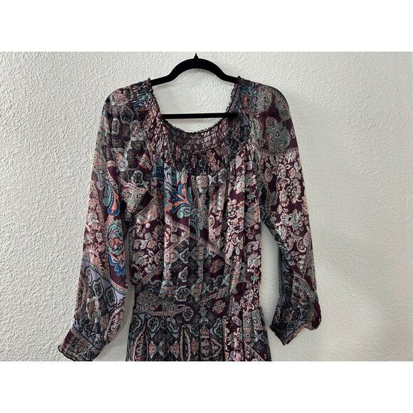 Fire Los Angeles Dress‎ Purple Paisley Boho Peasant Hi-Lo Ruched Off Shoulder M - Picture 5 of 12